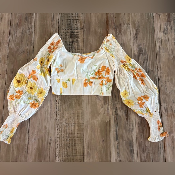 SABO Tops - Floral Smocked Puff-Sleeve Crop Top in White with Orange & Yellow Blooms